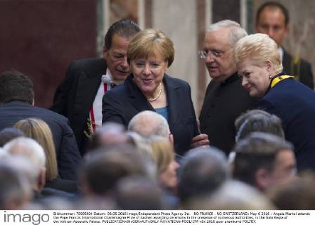 NO FRANCE - NO SWITZERLAND: May 6 2016 : Angela Merkel attends the Pope Francis International Charlemagne Prize of Aachen awarding ceremony in the presence of numerous authorities, in the Sala Regia of the Vatican Apostolic Palace.  Â©VATICAN-POOL CPP