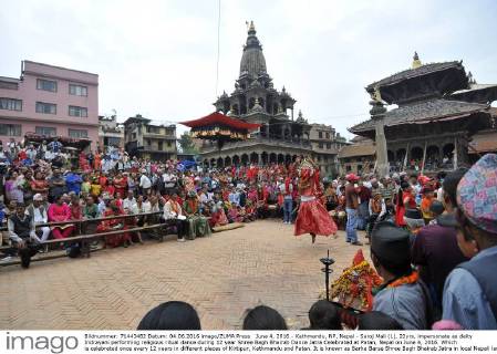 June 4, 2016 - Kathmandu, NP, Nepal - Saroj Mali (L), 22yrs, impersonate as deity Indrayani performing religious ritual dance during 12 year Shree Bagh Bhairab Dance Jatra Celebrated at Patan, Nepal on June 4, 2016. Which is celebrated once every 12 years in different places of Kirtipur, Kathmandu and Patan. It is known as Barha Barse Shree Bagh Bhairab Jatra in local Nepali language. Kathmandu Nepal  - ZUMAn230