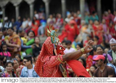 June 4, 2016 - Kathmandu, NP, Nepal - Saroj Mali (L), 22yrs, impersonate as deity Indrayani performing religious ritual dance during 12 year Shree Bagh Bhairab Dance Jatra Celebrated at Patan, Nepal on June 4, 2016. Which is celebrated once every 12 years in different places of Kirtipur, Kathmandu and Patan. It is known as Barha Barse Shree Bagh Bhairab Jatra in local Nepali language. Kathmandu Nepal  - ZUMAn230