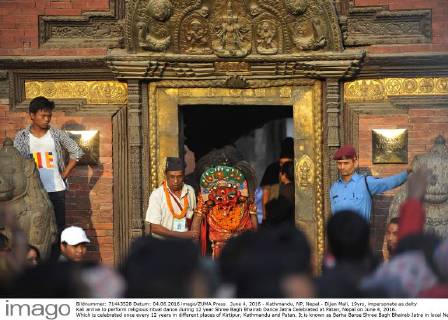 June 4, 2016 - Kathmandu, NP, Nepal - Dijen Mali, 19yrs, impersonate as deity Kali arrive to perform religious ritual dance during 12 year Shree Bagh Bhairab Dance Jatra Celebrated at Patan, Nepal on June 4, 2016. Which is celebrated once every 12 years in different places of Kirtipur, Kathmandu and Patan. It is known as Barha Barse Shree Bagh Bhairab Jatra in local Nepali language. Kathmandu Nepal  - ZUMAn230