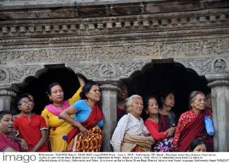 June 4, 2016 - Kathmandu, NP, Nepal - Devotees observing religious ritual dance during 12 year Shree Bagh Bhairab Dance Jatra Celebrated at Patan, Nepal on June 4, 2016. Which is celebrated once every 12 years in different places of Kirtipur, Kathmandu and Patan. It is known as Barha Barse Shree Bagh Bhairab Jatra in local Nepali language. Kathmandu Nepal  - ZUMAn230