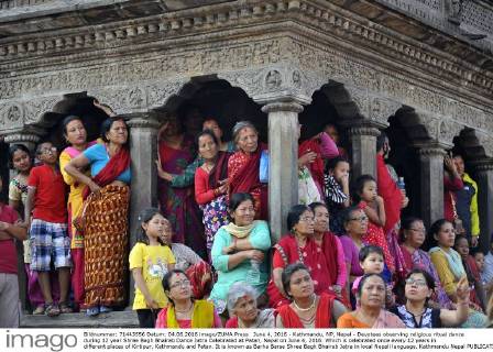 June 4, 2016 - Kathmandu, NP, Nepal - Devotees observing religious ritual dance during 12 year Shree Bagh Bhairab Dance Jatra Celebrated at Patan, Nepal on June 4, 2016. Which is celebrated once every 12 years in different places of Kirtipur, Kathmandu and Patan. It is known as Barha Barse Shree Bagh Bhairab Jatra in local Nepali language. Kathmandu Nepal  - ZUMAn230