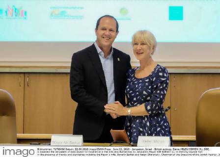 June 22, 2016 - Jerusalem, Israel - British actress, Dame HELEN MIRREN (R), DBE, is awarded the Jerusalem of Gold Award for Excellence in the Arts and Humanities by Jerusalem Mayor NIR BARKAT (L) in the City Council Hall in the presence of friends and dignitaries including the Mayor s wife, Beverly Barkat and Natan Sharansky, Chairman of the Executive of the Jewish Agency. Jerusalem Israel - ZUMAa126