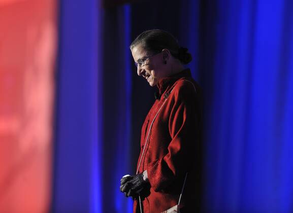 IMAGO ICONS: Ruth Bader Ginsburg Oct. 26, 2010 - Long Beach, California, U.S. - LONG BEACH, CALIF. USA -- U.S. Supreme Court justice Ruth Bader Ginsburg before the start of a discussion with retired U.S. Supreme Court justice Sandra Day O Connor led by Diane Sawyer during the Women s Conference in Long Beach, Calif. on October 26, 2010. .Photo by Jeff Gritchen Long Beach Press-Telegram. - ZUMAgr4_