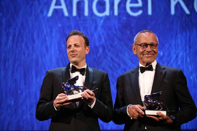 VENICE, Sept. 10, 2016 -- Director Andrei Konchalovsky (R) poses with the Silver Lion award for Best Director for his movie Paradise , and director Emat Esclante for his movie The Untamed , during the award ceremony at the 73rd Venice Film Festival, at the Lido of Venice, Italy, Sept. 10, 2016. The Woman Who Left by Philippine director Lav Diaz won the Golden Lion, the highest prize presented at the 73rd Venice International Film Festival which concluded here on Saturday evening. )(axy) ITALY-VENICE-73RD FILM FESTIVAL-AWARD JinxYu 