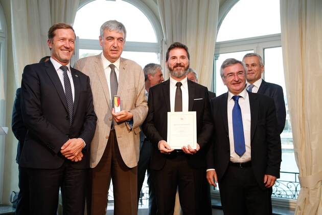 Preisverleihung Merites Wallons in Namur Walloon Minister President Paul Magnette, Elie Deblire (Idelux), Fabian Collard (Idelux) and Walloon Minister of Agriculture, Nature, Rurality, Tourism and Sports Infrastructure Rene Collin pictured during the award ceremony for the sixth edition of the Merites Wallons by the Walloon Government at the Elysette, in Jambes, Namur, Thursday 15 September 2016.  BRUNOxFAHY 04932333