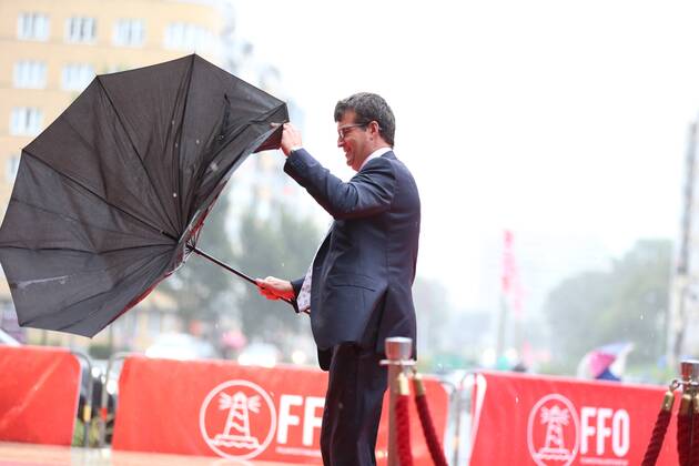 The red carpet entrance had to be moved because of the very bad weather (storm) ahead of the award ceremony of the Ensors Flemish film prizes on the closing day of the tenth edition of the Oostende Film festival, Friday 16 September 2016.  NICOLASxMAETERLINCK 04933353