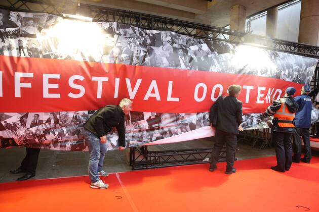 The red carpet entrance had to be moved inside because of the very bad weather (storm) ahead of the award ceremony of the Ensors Flemish film prizes on the closing day of the tenth edition of the Oostende Film festival, Friday 16 September 2016.  NICOLASxMAETERLINCK 04933347
