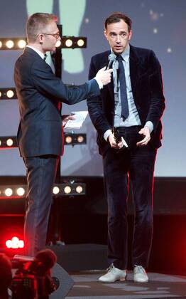 David Dewaele from Soulwax (R) pictured during the award ceremony of the Ensors Flemish film prizes on the closing day of the tenth edition of the Oostende Film festival, Friday 16 September 2016.  NICOLASxMAETERLINCK 04933603