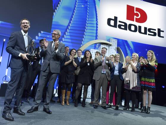 Unternehmen Daoust wird in Brüssel ausgezeichnet Jean-Claude Daoust (2nd L) celebrates as Daoust won the award during the award ceremony for the twenty-first edition of Entreprise de l annee (French-speaking company of the year), Monday 17 October 2016, in Brussels.  BENOITxDOPPAGNE 04959239