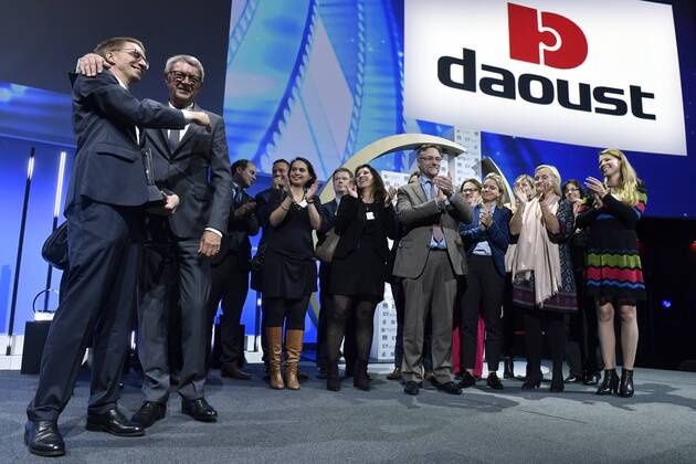 Unternehmen Daoust wird in Brüssel ausgezeichnet Jean-Claude Daoust (2nd L) celebrates as Daoust won the award during the award ceremony for the twenty-first edition of Entreprise de l annee (French-speaking company of the year), Monday 17 October 2016, in Brussels.  BENOITxDOPPAGNE 04959241