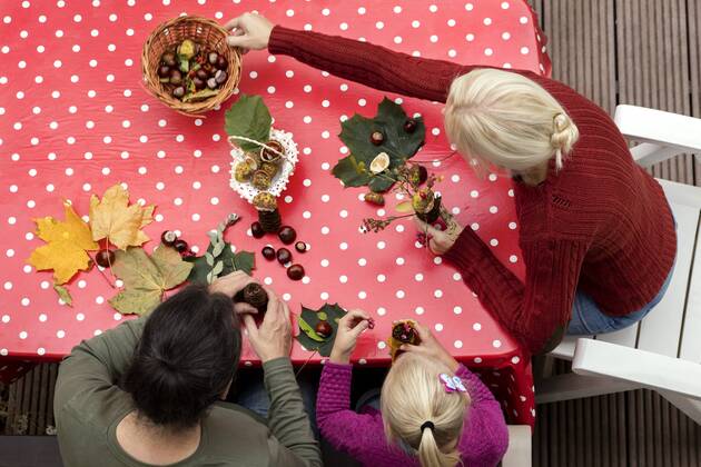 Top view of family tinkering chestnut figurines and autumnal decoration on table at terrace model released Symbolfoto property released  MIDF00807
