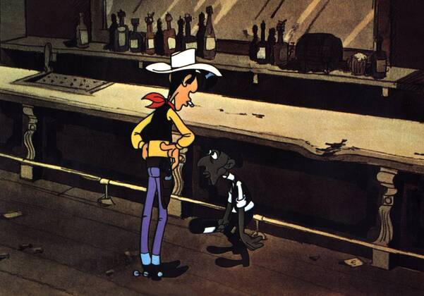 Lucky Luke - Daisy Town, (LUCKY LUKE - DAISY TOWN) BEL-F 1971, Regie: Rene Goscinny, Szene mit Lucky Luke, Stichwort: Bartresen, Revolverheld UnitedArchives00004922
