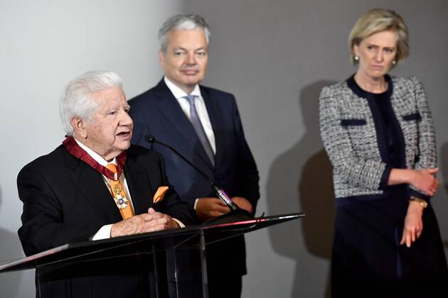 Lee Roy Mitchell, Founder and Chairman of the Board Cinemark, Vice-Prime Minister and Foreign Minister Didier Reynders and Princess Astrid of Belgium pictured during a visit to Cinemark on the fourth day of the economic mission of Belgium s Princess Astrid in Texas, United States, Tuesday 06 December 2016, in Austin.  DIRKxWAEM 04991761