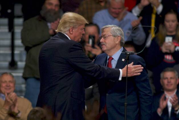 December 8, 2016 - Des Monies, Iowa, U.S - President Elect Donald Trump greets Iowa Governor Terry Branstad in front of the crowd of supporters in HyVee Hall at the Des Monies events center. The second stop on todays tour thanking the voters for his election victory Des Monies U.S. - ZUMAr142 20161208_zap_r142_002