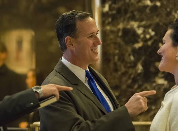 December 12, 2016 - New York, New York, United States of America - Former United States Senator Rick Santorum (Republican of Pennsylvania) is seen in the lobby of Trump Tower in New York, NY, USA upon his arrival for a meeting with President-elect Trump on December 12, 2016. .Credit: Pool via CNP New York United States of America - ZUMAs152 20161212_zaa_s152_002