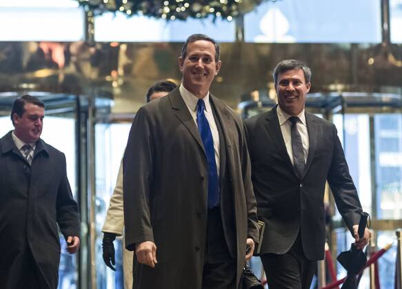 December 12, 2016 - New York, New York, United States of America - Former United States Senator Rick Santorum (Republican of Pennsylvania) is seen in the lobby of Trump Tower in New York, NY, USA upon his arrival for a meeting with President-elect Trump on December 12, 2016. .Credit: Pool via CNP New York United States of America - ZUMAs152 20161212_zaa_s152_020
