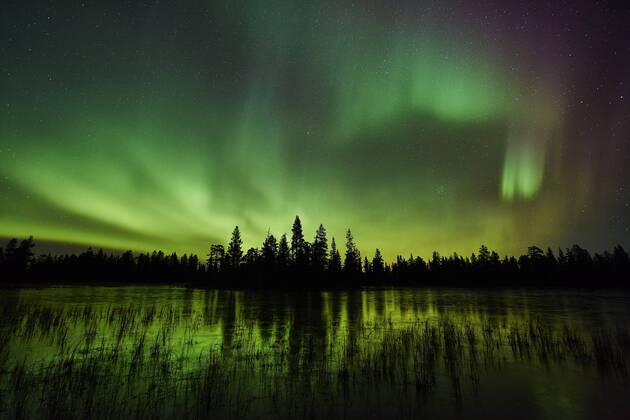 Nordlicht (Aurora borealis) spiegelt sich in einem See, Schweden, Lappland, Norrbotten, Muddus Nationalpark polar lights reflecting in a lake, Sweden, Lapland, Norrbotten, Muddus NP BLWS441865 Copyright: xblickwinkel McPHOTO G.xStreux