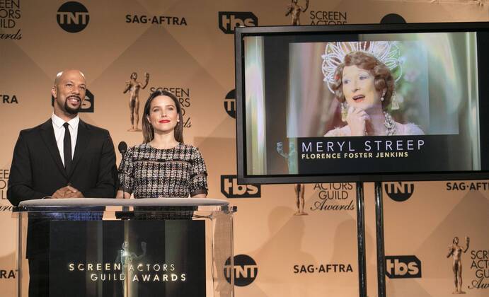 December 14, 2016 - West Hollywood, California, U.S - Common and Sophia Bush at the 23rd Annual Screen Actors Guild Awards Nominations announcement at the Pacific Design Center on Wednesday, December 14, 2016 in West Hollywood, California. Outstanding Performance by a Female Actor in a Leading Role, MERYL STREEP Florence Foster Jenkins Ã¢â‚¬ FLORENCE FOSTER JENKINSÃ West Hollywood U.S. - ZUMAp124 20161214_zaa_p124_025
