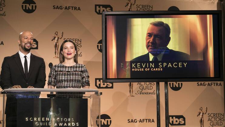 December 14, 2016 - West Hollywood, California, U.S - Common and Sophia Bush at the 23rd Annual Screen Actors Guild Awards Nominations announcement at the Pacific Design Center on Wednesday, December 14, 2016 in West Hollywood, California. Outstanding Performance by a Male Actor in a Drama Series, KEVIN SPACEY Frank Underwood Ã¢â‚¬ HOUSE OF CARDSÃ West Hollywood U.S. - ZUMAp124 20161214_zaa_p124_044