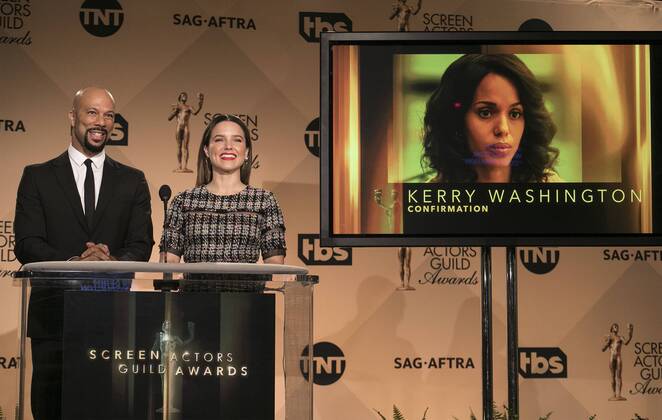 December 14, 2016 - West Hollywood, California, U.S - Common and Sophia Bush at the 23rd Annual Screen Actors Guild Awards Nominations announcement at the Pacific Design Center on Wednesday, December 14, 2016 in West Hollywood, California. Outstanding Performance by a Female Actor in a Television Movie or Limited Series, KERRY WASHINGTON Anita Hill Ã¢â‚¬ CONFIRMATIONÃ West Hollywood U.S. - ZUMAp124 20161214_zaa_p124_061