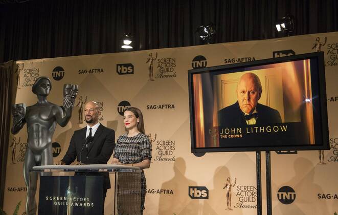 December 14, 2016 - West Hollywood, California, U.S - Common and Sophia Bush at the 23rd Annual Screen Actors Guild Awards Nominations announcement at the Pacific Design Center on Wednesday, December 14, 2016 in West Hollywood, California. Outstanding Performance by a Male Actor in a Drama Series, JOHN LITHGOW Winston Churchill Ã¢â‚¬ THE CROWNÃ West Hollywood U.S. - ZUMAp124 20161214_zaa_p124_092
