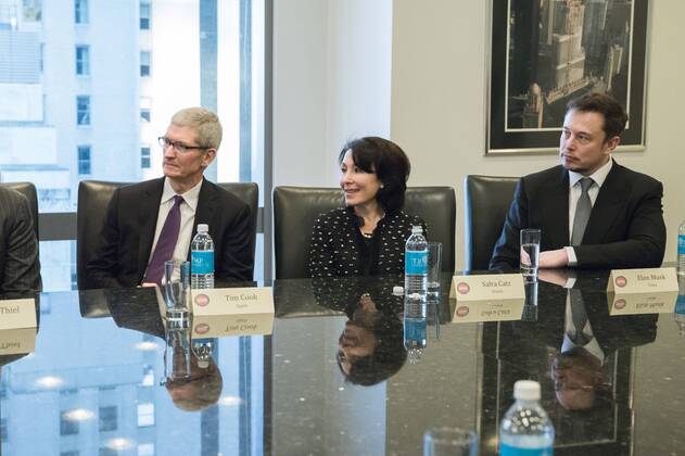 December 14, 2016 - New York, New York, United States of America - United States President-elect Donald Trump, Vice President-elect Mike Pence, cabinet nominees and technology company chiefs Tim Cook, Safra Catz and Elon Musk are seen at a meeting in the Trump Organization conference room at Trump Tower in New York, NY, USA on December 14, 2016. . New York United States of America - ZUMAs152 20161214_zaa_s152_030