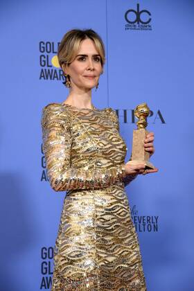 Sarah Paulson, winner of the award for Best Performance by an Actress in a Limited Series or Motion Picture Made for Television for The People V. OJ Simpson: An American Crime Story appears backstage during the 74th annual Golden Globe Awards at the Beverly Hilton Hotel in Beverly Hills, California on January 8, 2017.  LAP20170108449 JIMxRUYMEN