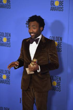 January 8, 2017 - Los Angeles, California, U.S. - DONALD GLOVER celebrates his win backstage at the 74th Annual Golden Globe Awards, at The Beverly Hilton in Beverly Hills. Los Angeles U.S. - ZUMAz03_ 20170108_zbp_z03_406