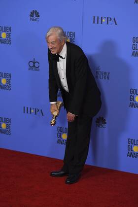 January 8, 2017 - Los Angeles, California, U.S. - PAUL VERHOEVEN celebrates his win backstage at the 74th Annual Golden Globe Awards, at The Beverly Hilton in Beverly Hills. Los Angeles U.S. - ZUMAz03_ 20170108_zbp_z03_382