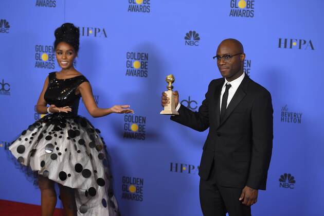 January 8, 2017 - Los Angeles, California, U.S. - BARRY JENKINS AND JANELLE MONAE celebrate their win at the 74th Annual Golden Globe Awards, at The Beverly Hilton in Beverly Hills. Los Angeles U.S. - ZUMAz03_ 20170108_zbp_z03_443