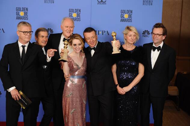 January 8, 2017 - Los Angeles, California, U.S. - THE CAST AND CREW OF THE CROWN celebrates backstage at the 74th Annual Golden Globe Awards, at The Beverly Hilton in Beverly Hills. Los Angeles U.S. - ZUMAz03_ 20170108_zbp_z03_392