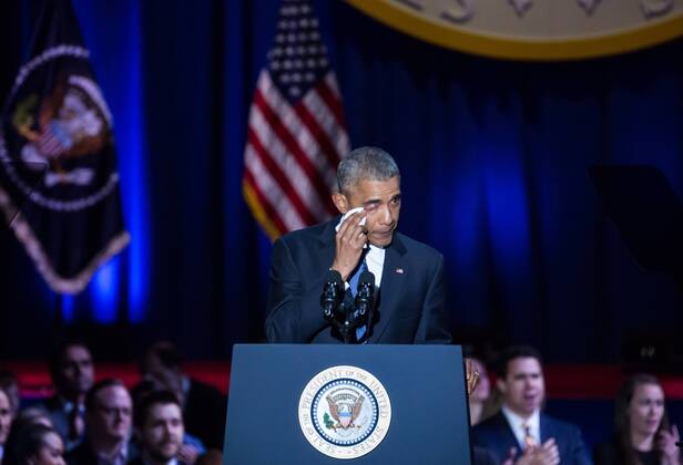 January 10, 2017 - Chicago, IL, United States - On Tuesday, January 10, U.S. President Barack Obama wipes tears, as he gives thanks to his wife, First Lady Michelle Obama, for her dedication to country, family and being his best friend, during his farewell address to the American people at McCormick Place in Chicago, Illinois. Chicago United States - ZUMAn230 20170110_zaa_n230_430