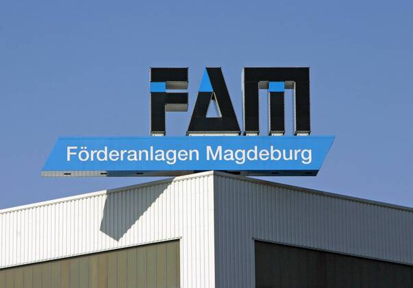24.02.2006, Magdeburg, Sachsen-Anhalt, Deutschland - Logo derMagdeburger Foerderanlagen und Baumaschinen GmbH. Die FAM ist ein Unternehmen mit Hauptsitz in Deutschland, das auf eine lange Tradition als Hersteller foerdertechnischer Systeme verweisen kann. (QF, europäisch, Förderanlagen, Fördertechnik, Schüttgutanlagen) 00S060224D713.JPG MODEL RELEASE: NOT APPLICABLE, PROPERTY RELEASE: NO MR:Y