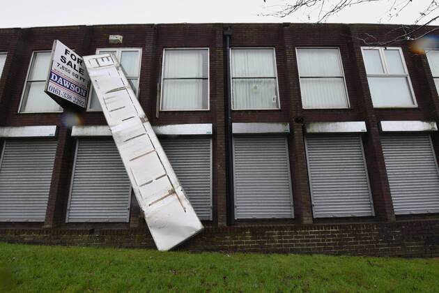 . 12 02 2017. Manchester, United Kingdom. Manchester Storms General view of a large sign hanging from a building following heavy winds in Stalybridge, Greater Manchester . xAnthonyxDevlinx xi-Imagesx IIM-14372-0004
