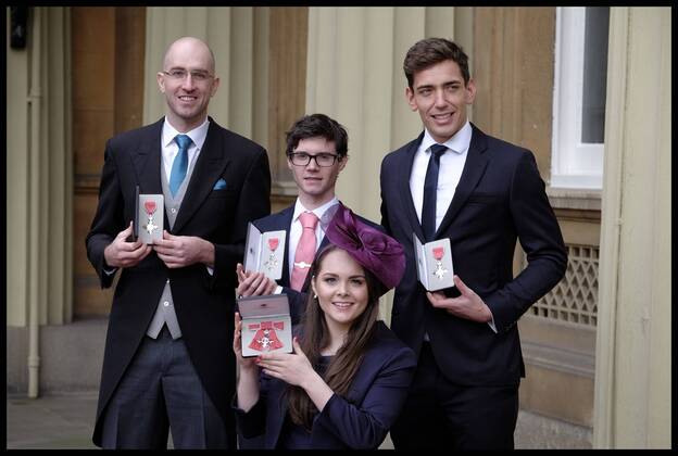Verleihung von Ritterorden in London . 23 02 2017. London, United Kingdom. Investitures. Buckingham Palace. Daniel Brown, Oliver James and James Fox, Lauren Rowles after the Queen s investitures at Buckingham Palace  xi-Imagesx xPoolx IIM-14494-0041