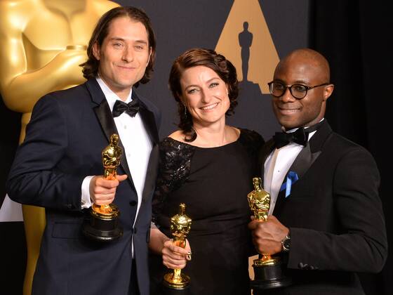 Producer Jeremy Kleiner (L), producer Adele Romanski (C), and writer director Barry Jenkins, winners of the award for Best Picture for Moonlight , appear backstage during the 89th annual Academy Awards at Loews Hollywood Hotel in the Hollywood section of Los Angeles on February 26, 2017.  LAP201702261073 JIMxRUYMEN