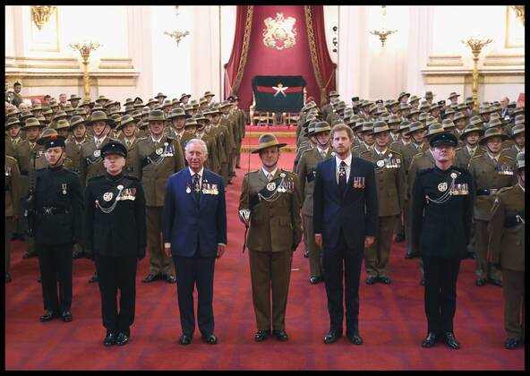 . 14 03 2017. London, United Kingdom. The Royal Gurkha service medals. Prince Charles, Prince of Wales and Prince Harry attend a medal presentation for The Royal Gurkha Rifles at Buckingham Palace on March 14, 2017 in London, England. 2017 marks the 40th anniversary of The Prince Of Wales as Colonel-in-Chief of The Royal Gurkha Rifles.  xi-Imagesx xPoolx IIM-14660-0002