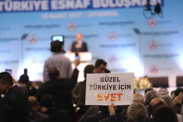 Turkish President Recep Tayyip Erdogan meets with the members of Chamber of Merchants and Craftsmen at Bagcilar city of Istanbul, 19th of March, 2017. 15651927