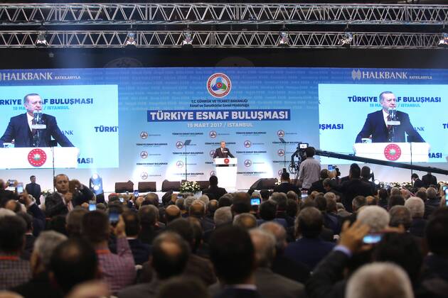 Turkish President Recep Tayyip Erdogan meets with the members of Chamber of Merchants and Craftsmen at Bagcilar city of Istanbul, 19th of March, 2017. 15651932