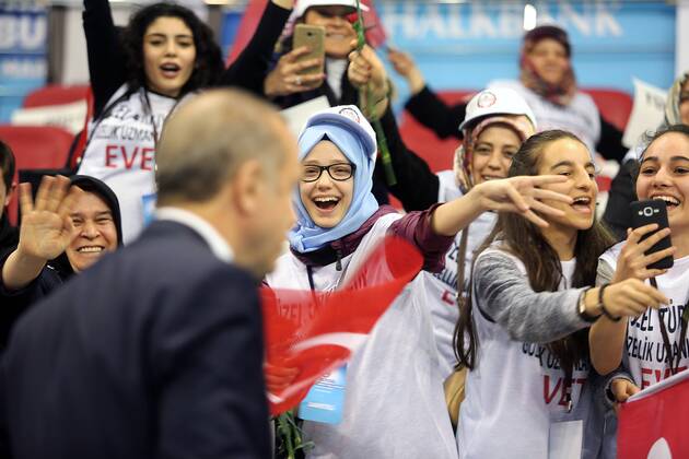 Turkish President Recep Tayyip Erdogan meets with the members of Chamber of Merchants and Craftsmen at Bagcilar city of Istanbul, 19th of March, 2017. 15651943