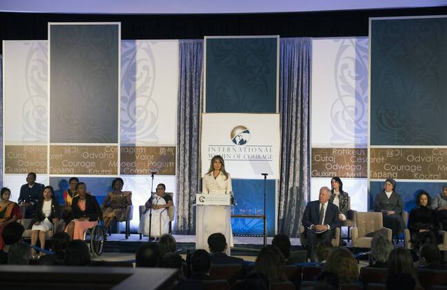 First Lady Melania Trump delivers remarks at the State Department ceremony to present the 2017 Secretary of State s International Women of Courage (IWOC) Award, in Washington, D.C. on March 29, 2017.  WAP20170329301 KEVINxDIETSCH