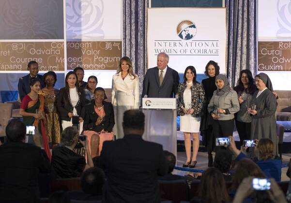 First Lady Melania Trump and Under Secretary of State for Political Affairs Thomas Shannon pose with winners of the 2017 Secretary of State s International Women of Courage (IWOC) Award, at the State Department in Washington, D.C. on March 29, 2017.  WAP20170329305 KEVINxDIETSCH