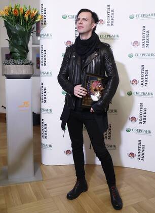 MOSCOW, RUSSIA - APRIL 19, 2017: Greek-Russian conductor Teodor Currentzis poses with an award for Opera Best Conductor for La Traviata, Opera and Ballet Theatre, Perm, at the 2017 Golden Mask award ceremony at the Stanislavsky and Nemirovich-Danchenko Moscow Music Theatre. Artyom Geodakyan TASS  TS048E05