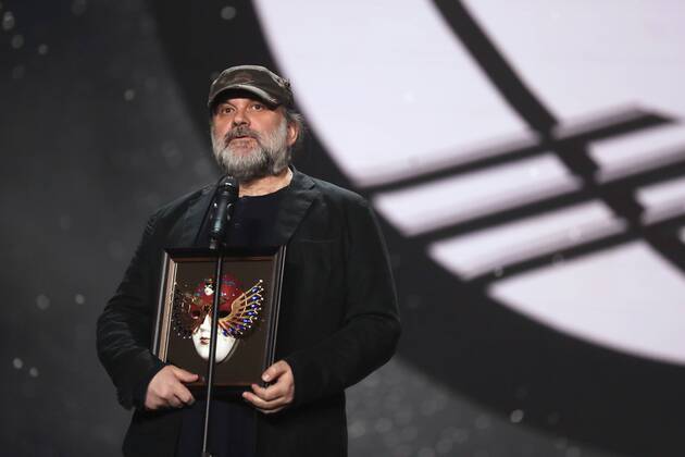 MOSCOW, RUSSIA - APRIL 19, 2017: St Petersburg s Bolshoi Drama Theatre Artistic Director Andrei Moguchy accepts an award for Drama Best Director for The Storm, Bolshoi Drama Theatre, St Petersburg, at the 2017 Golden Mask award ceremony at the Stanislavsky and Nemirovich-Danchenko Moscow Music Theatre. Valery Sharifulin TASS  TS048E1B