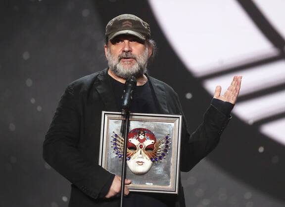 MOSCOW, RUSSIA - APRIL 19, 2017: St Petersburg s Bolshoi Drama Theatre Artistic Director Andrei Moguchy accepts an award for Drama Best Director for The Storm, Bolshoi Drama Theatre, St Petersburg, at the 2017 Golden Mask award ceremony at the Stanislavsky and Nemirovich-Danchenko Moscow Music Theatre. Valery Sharifulin TASS  TS048E1C