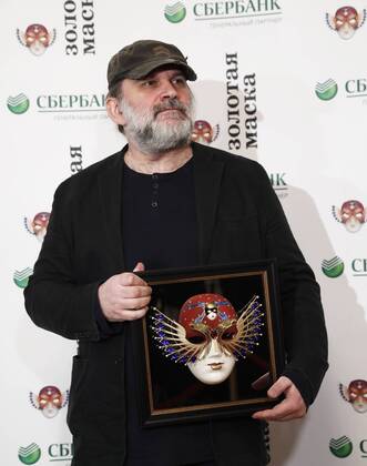 MOSCOW, RUSSIA - APRIL 19, 2017: St Petersburg s Bolshoi Drama Theatre Artistic Director Andrei Moguchy poses with an award for Drama Best Director for The Storm, Bolshoi Drama Theatre, St Petersburg, at the 2017 Golden Mask award ceremony at the Stanislavsky and Nemirovich-Danchenko Moscow Music Theatre. Artyom Geodakyan TASS  TS048E23