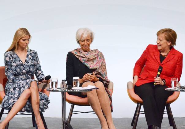 Ivanka Trump in Berlin panel discussion Ivanka Trump (L), a daughter of U.S. President Donald Trump who works in the White House as his assistant, takes part in a panel discussion on women s empowerment and entrepreneurship in Berlin on April 25, 2017, along with International Monetary Fund Managing Director Christine Lagarde (C), German Chancellor Angela Merkel (R) and others. The discussion is part of talks involving the Group of 20 countries. 