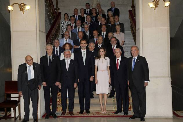 King Felipe VI of Spain and Queen Letizia of Spain attend the Presidency of the Plenary of the Spanish Royal Academy of Language RAE in presence the of of the members of the institution Manuel Seco Reymundo, Pere Gimferrer Torrens, Gregorio Salvador Caja, Francisco Rico Manrique, Francisco Rodriguez Adrados, Víctor Garcia de la Concha, Emilio Lled Inigo, Luis Goytisolo Gay, Mario Vargas Llosa, Antonio Munoz Molina, Juan Luis Cebrian Echarri, Ignacio Bosque Munoz, Luis Maria Anson Oliart, Luis Mateo Diez, Guillermo Rojo, Jose Antonio Pascual,Carmen Iglesias, Margarita Salas Falgueras, Arturo Perez-Reverte Gutierrez, Jose Manuel Sanchez Ron, Alvaro Pombo, Antonio Fernandez de Alba, Francisco Brines, Jose Manuel Blecua, Pedro Garcia Barreno, Salvador Gutierrez Ordonez, Javier Marias, Dario Villanueva Prieto, Jose Maria Merino, Soledad Puertolas Villanueva, Ines Fernandez-Ordonez, Pedro Al (2017062205)
