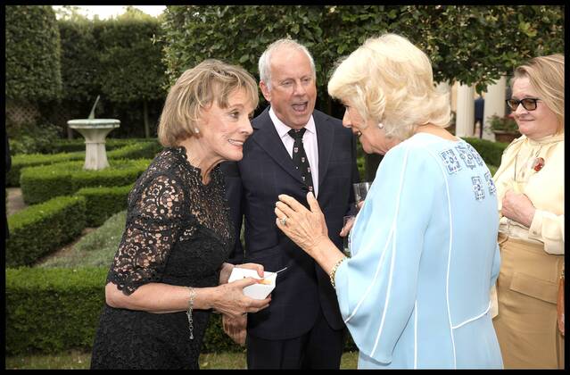. 13 07 2017. London, United Kingdom. Duchess of Cornwall 70th birthday. Camilla, Duchess of Cornwall talking to Esther Rantzen and Gyles Brandreth at a reception to mark her 70th birthday at Clarence House on July 13, 2017 in London, England.  xi-Imagesx xPoolx IIM-15570-0004